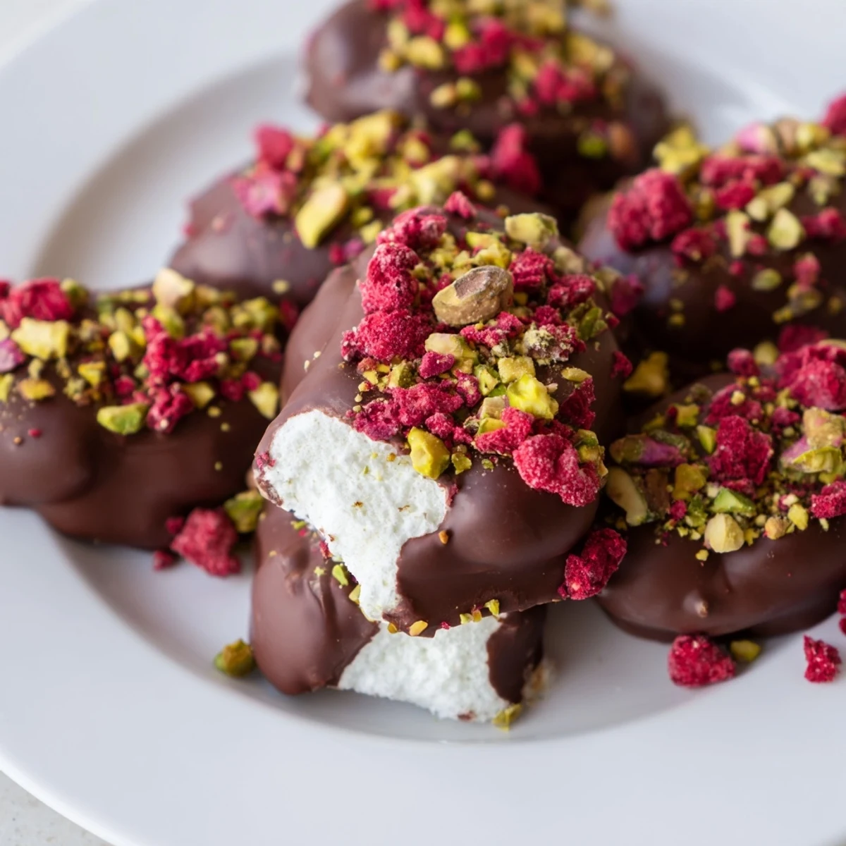 Freshly made chocolate dipped marshmallows with crunchy chopped nuts, a delightful sweet treat ready to share.