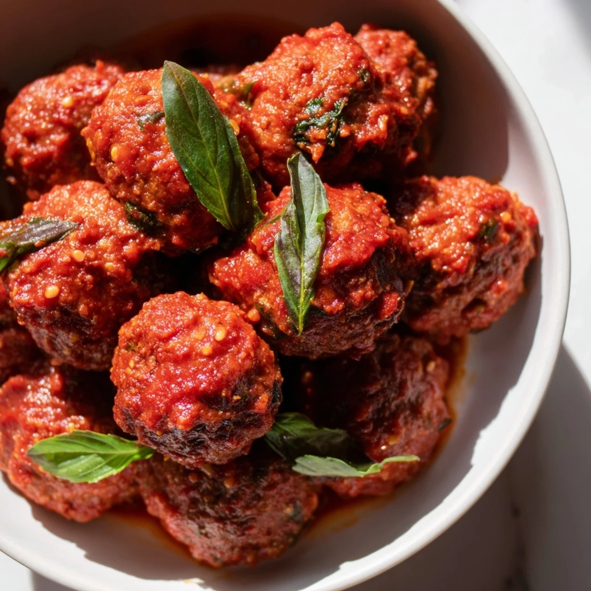 Homemade Turkey Meatballs with Marinara, served hot with fresh basil, offering a savory Italian taste.