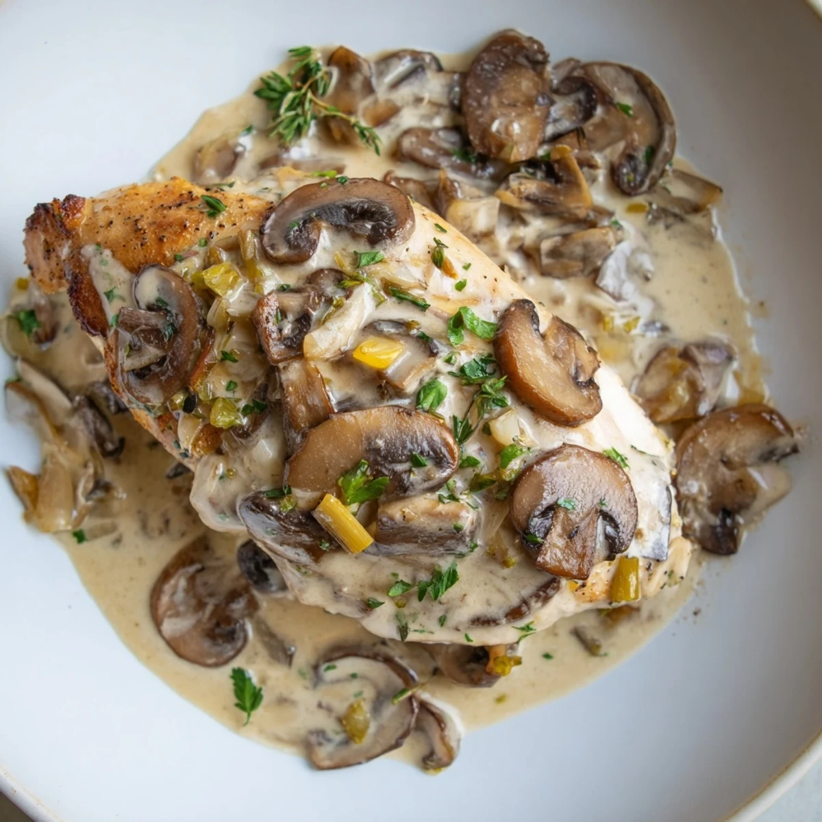 Golden chicken breasts smothered in a rich, creamy mushroom sauce, from this easy skillet recipe.