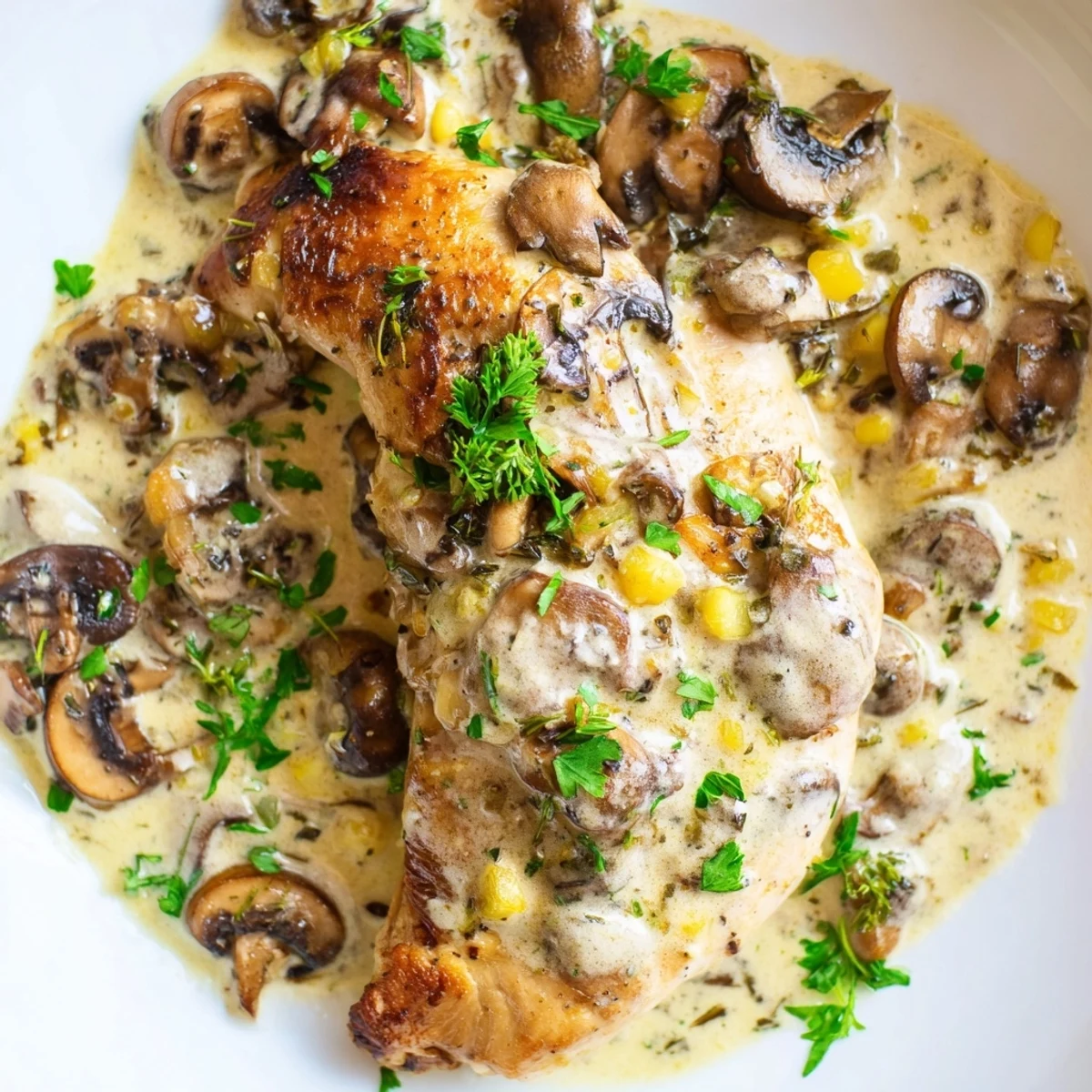 Savory creamy mushroom chicken skillet, served with fresh parsley, makes a delicious American dinner.