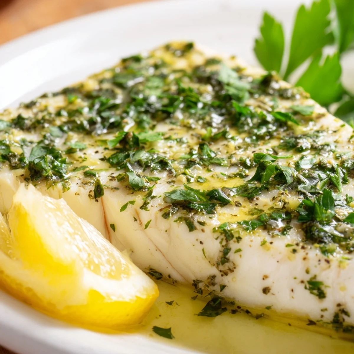 Golden baked halibut fillet glistening with garlic, served with lemon wedges.