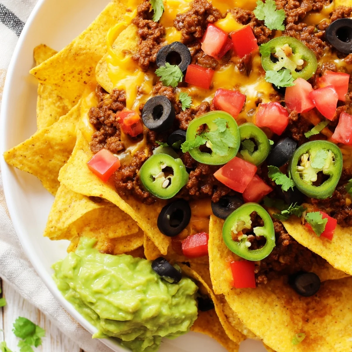 A close-up of Beef Nachos, featuring melted cheese over seasoned beef resting on crispy chips, ready to eat.