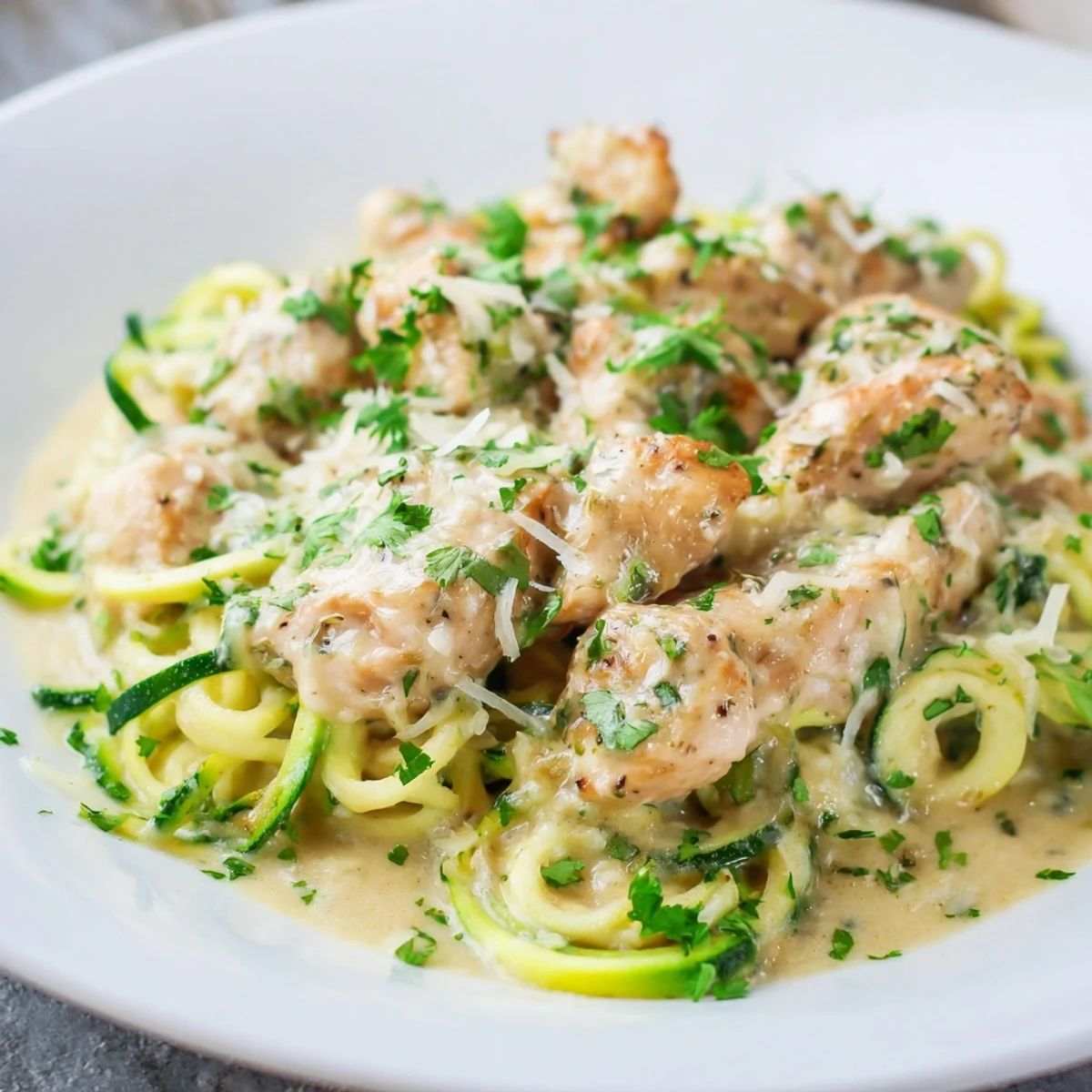 Sizzling Chicken Alfredo with zucchini noodles, coated in creamy sauce, perfect for a low-carb dinner.
