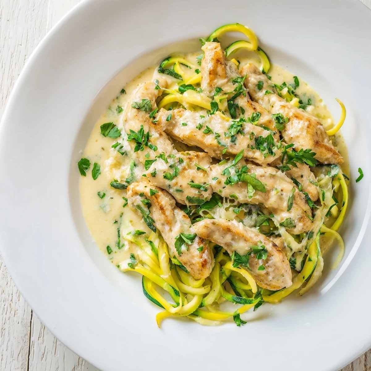 Homemade Chicken Alfredo with zucchini noodles and fresh parsley, a delicious and easy Italian meal.