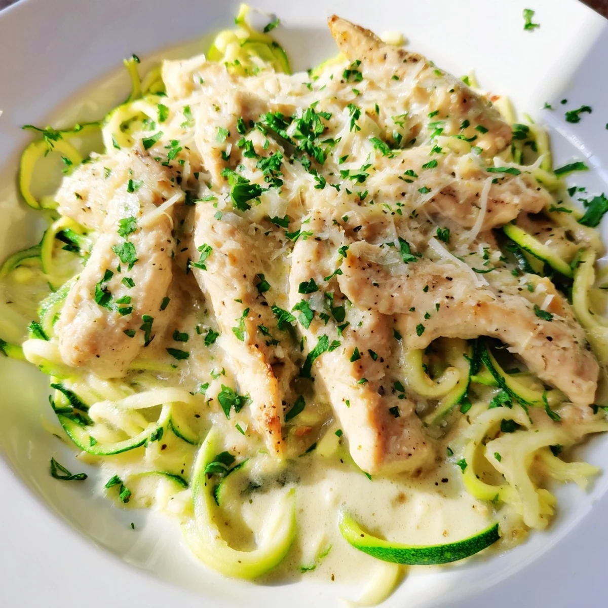 Close-up of Chicken Alfredo with Zucchini Noodles: tender chicken and rich sauce over green noodles.