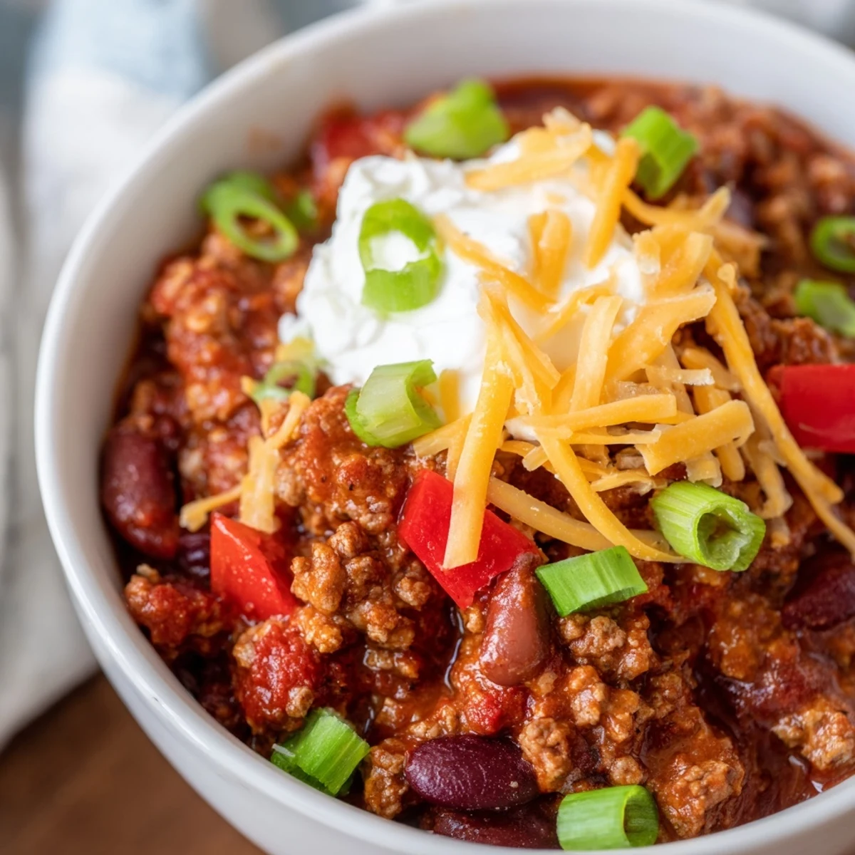 Hearty bowl of beef and bean chili topped with sharp cheddar and green onions served with cornbread on the side.