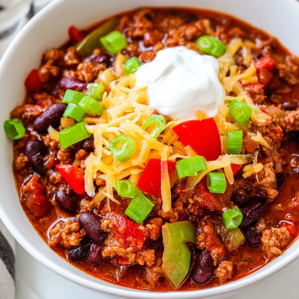 Ground beef and creamy beans simmer in a smoky tomato chili, crowned with sharp cheddar and a dollop of sour cream.