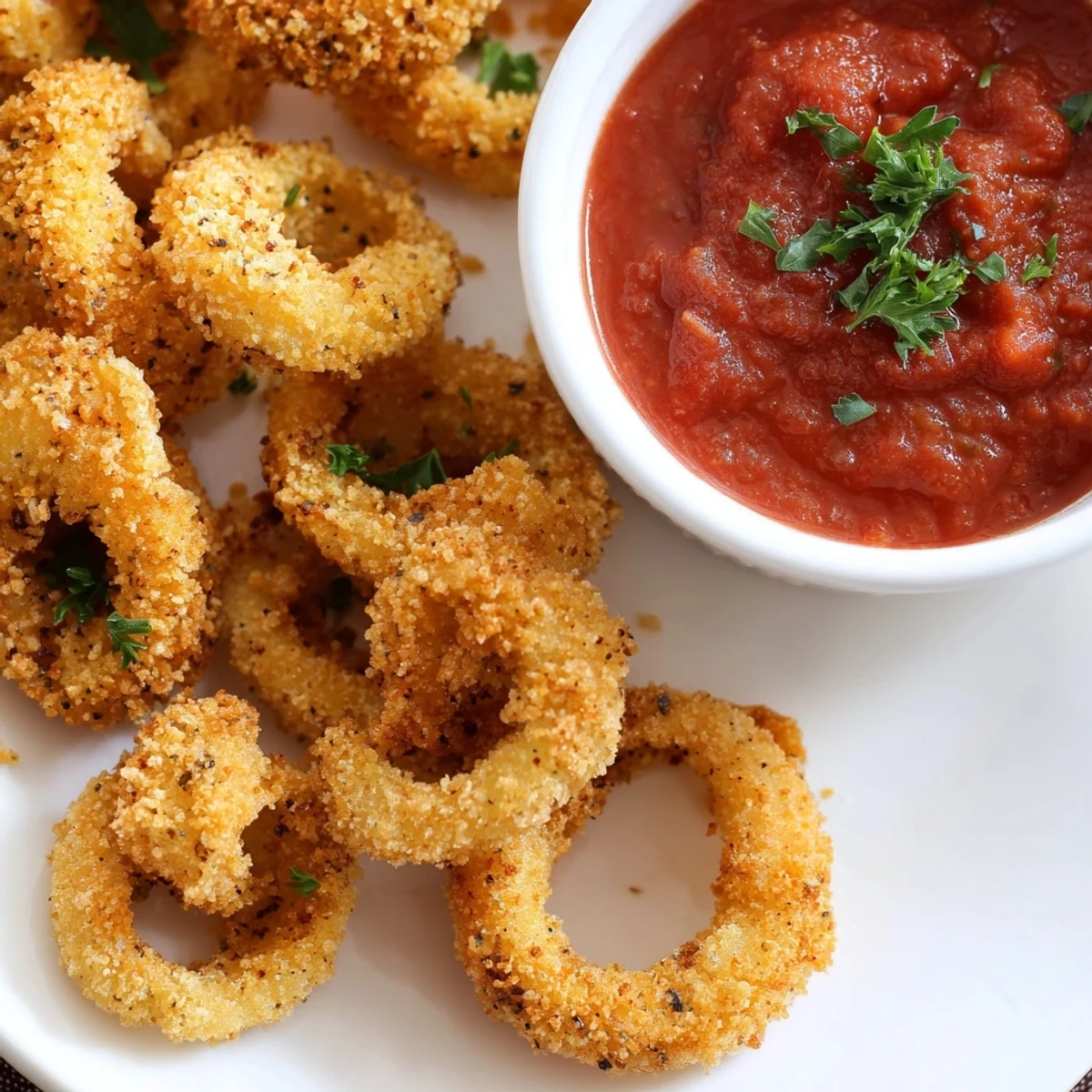 Golden-fried Crispy Calamari with Marinara Dipping Sauce served hot with lemon wedges and fresh parsley.