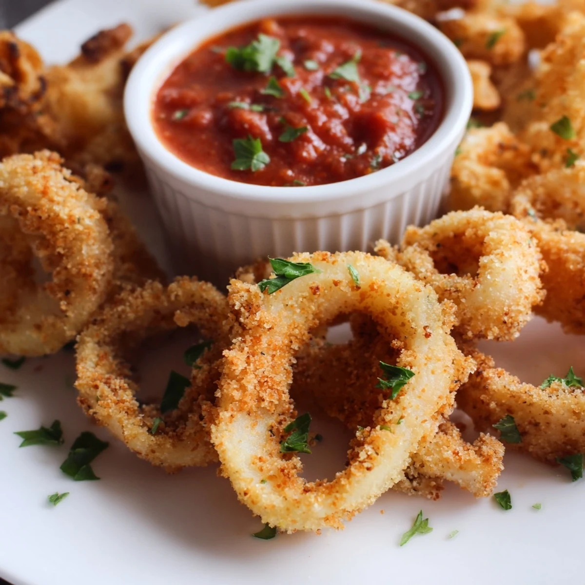 Crispy Calamari with Marinara Dipping Sauce on a rustic plate with zesty tomato sauce and crusty bread.