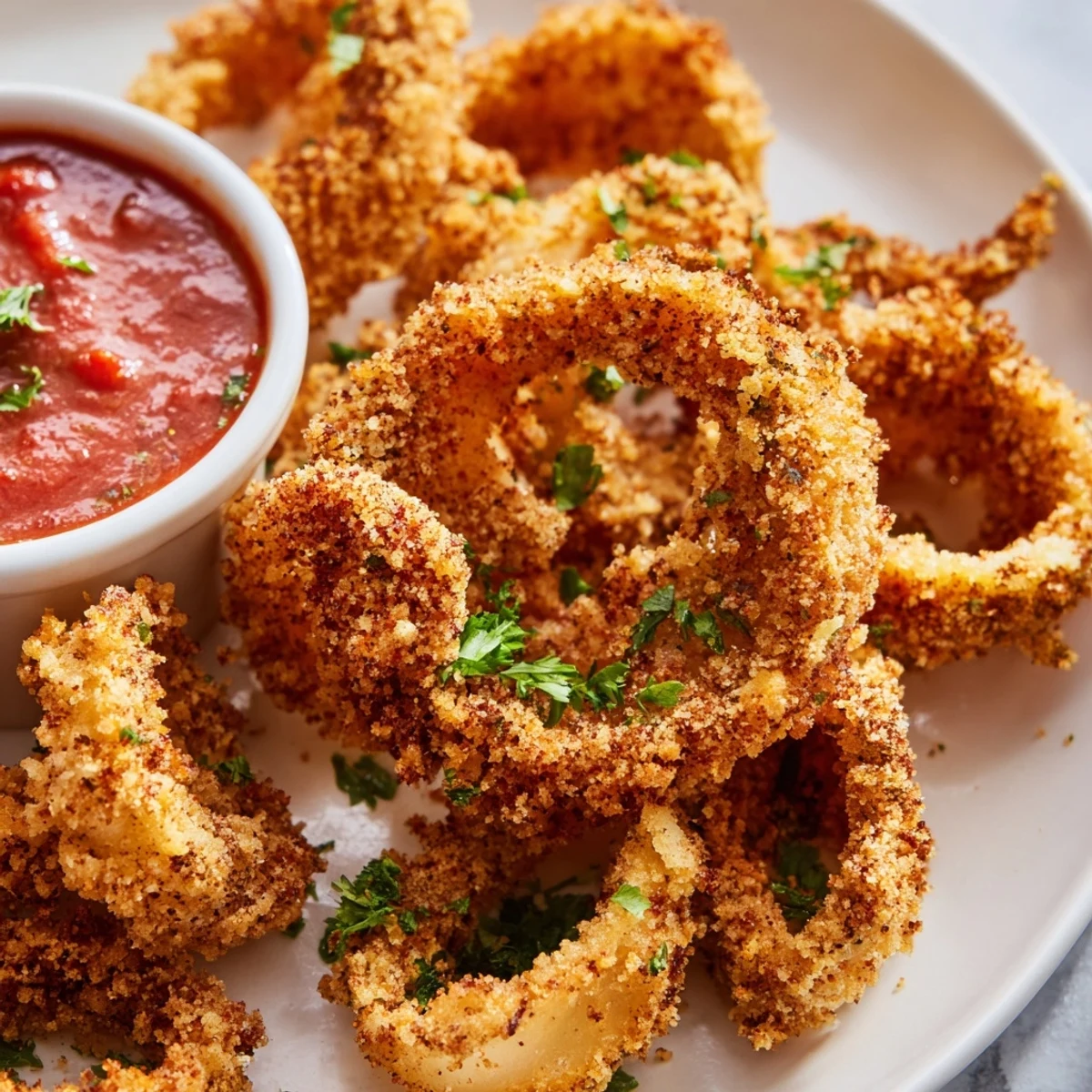 Homemade Crispy Calamari with Marinara Dipping Sauce garnished with parsley and lemon on a wooden board.