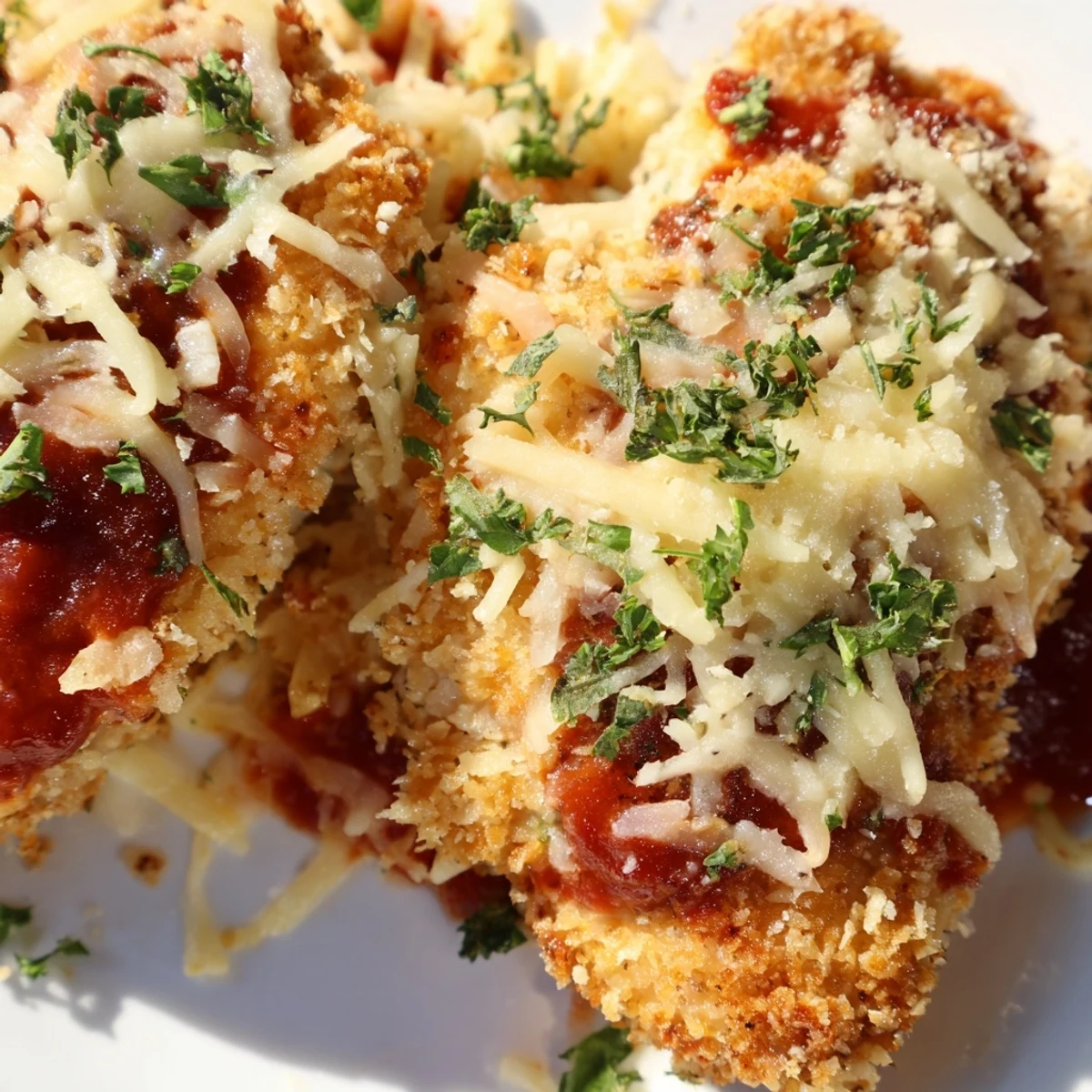 Golden-fried chicken Parmesan with melted mozzarella, served over spaghetti marinara, garnished with fresh basil.