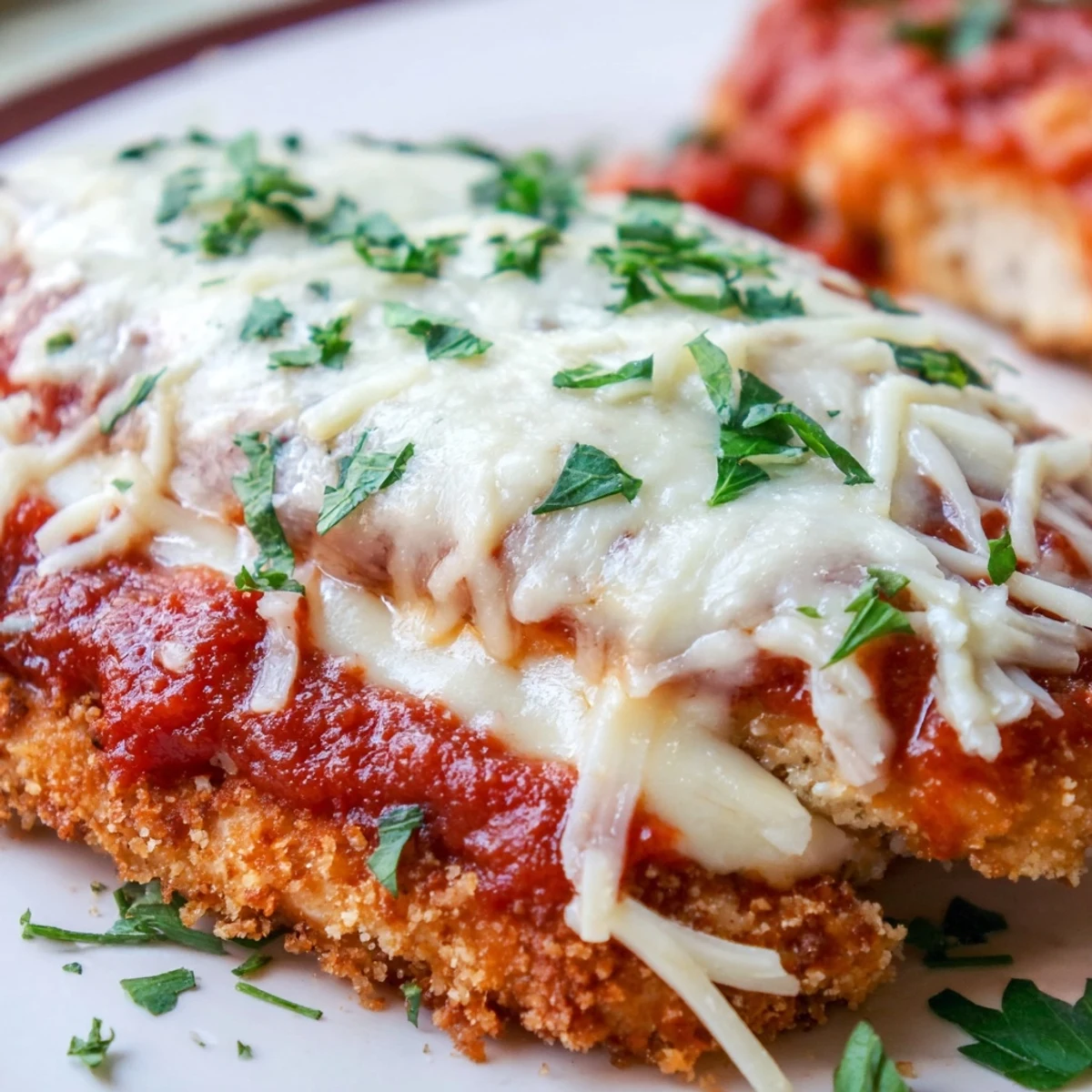 Crispy breaded chicken topped with rich tomato sauce and cheese, plated with al dente spaghetti.