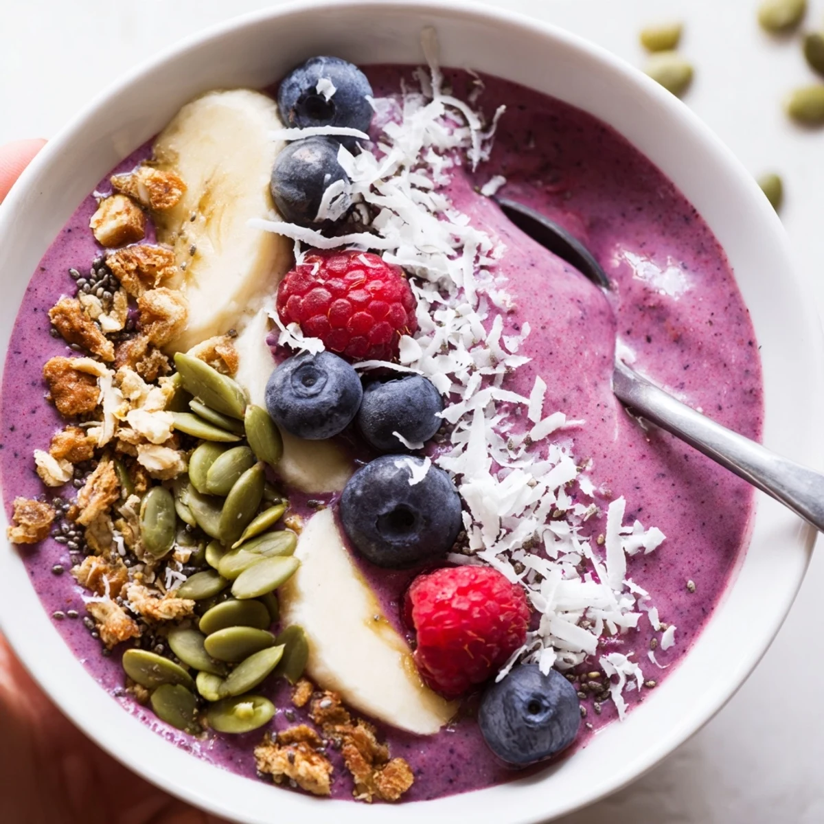 Bright and colorful Winter Berry Smoothie Bowl topped with granola, fresh berries, and chia seeds in a white bowl.