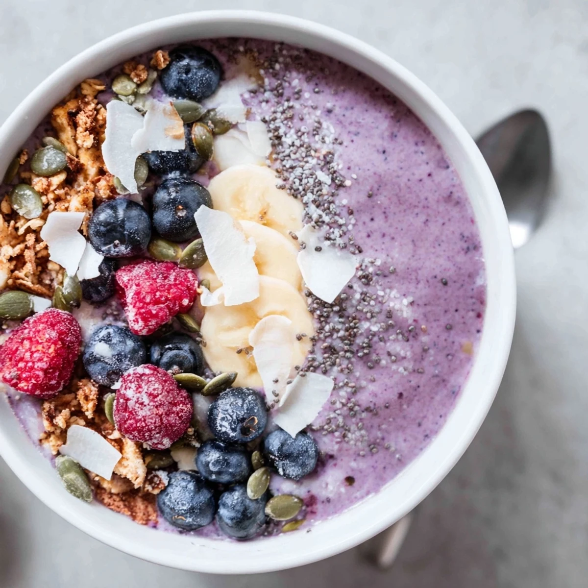 Two servings of creamy Winter Berry Smoothie Bowl with sliced banana and shredded coconut ready for a healthy breakfast.