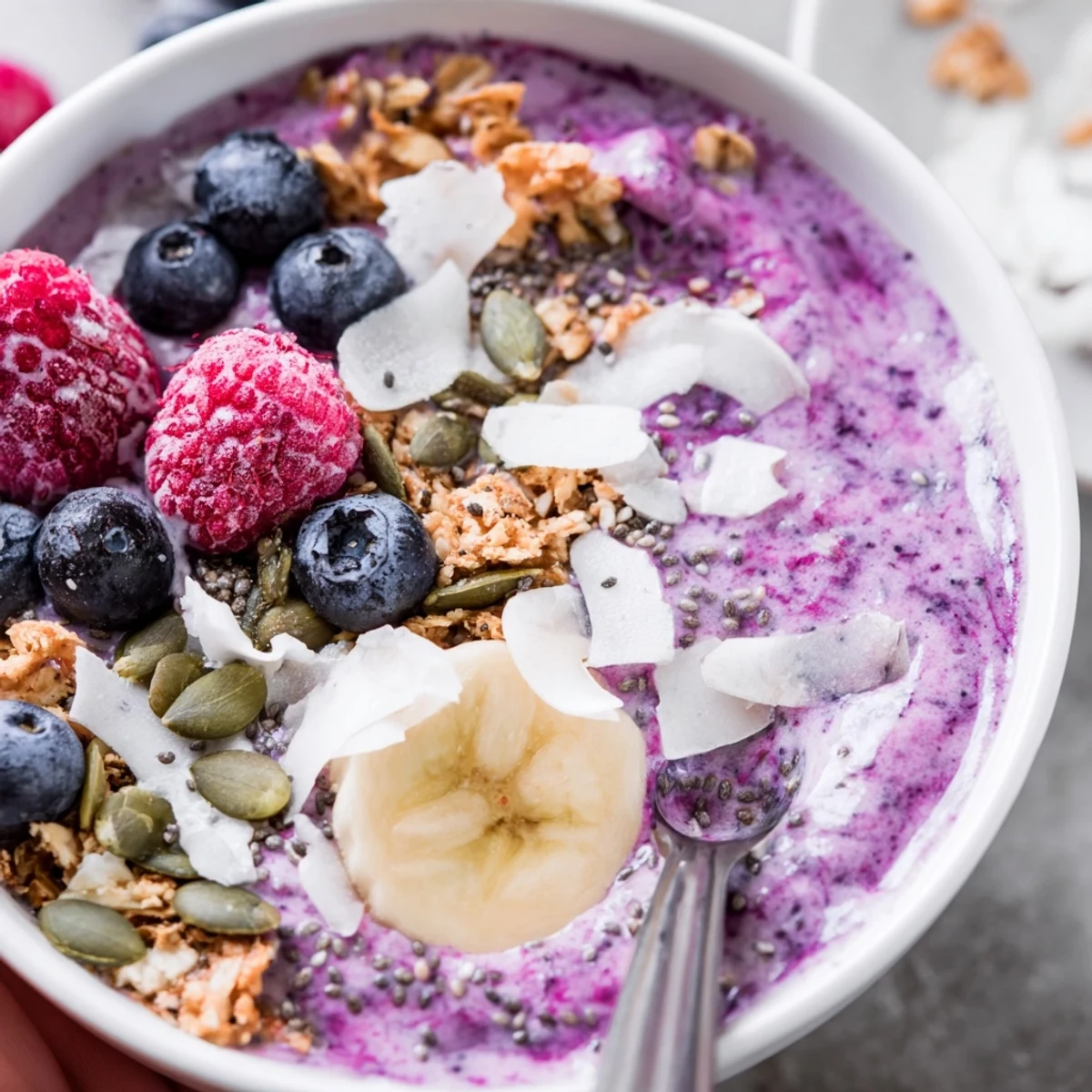 Close-up of a spoon scooping into a thick Winter Berry Smoothie Bowl with vibrant red berries and crunchy seeds.