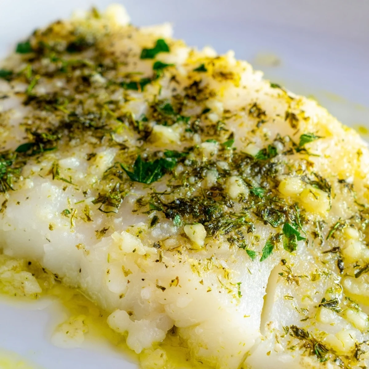 Freshly baked cod fillets glistening with garlic butter and chopped herbs in a white baking dish.