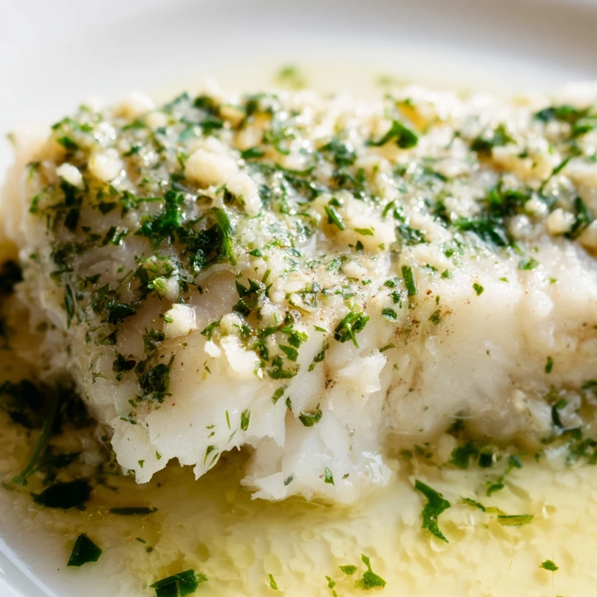 A close-up shows flaky, tender Baked Cod with Garlic Butter and Fresh Herbs topped with lemon.