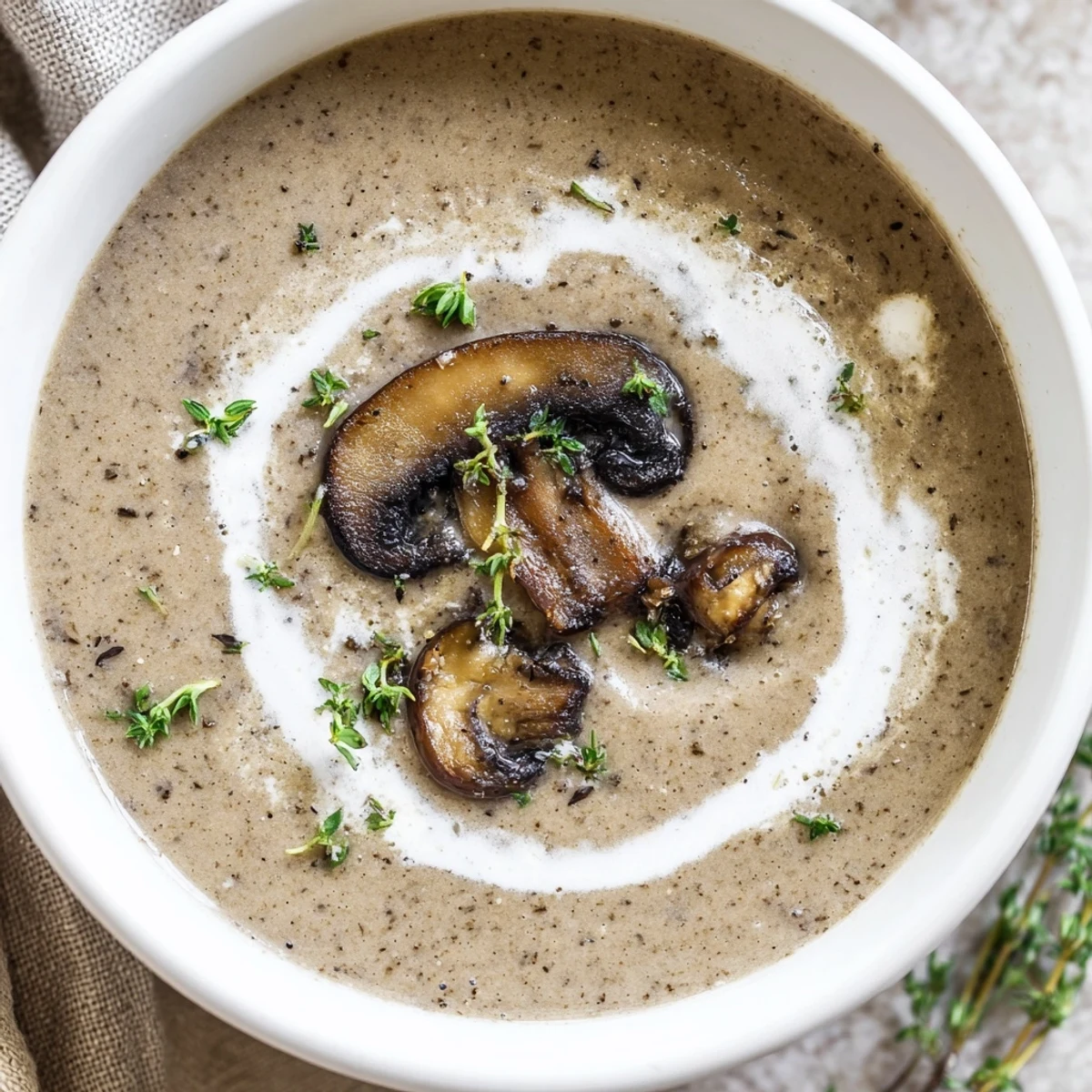 Steaming bowl of Creamy Mushroom Soup garnished with fresh thyme.