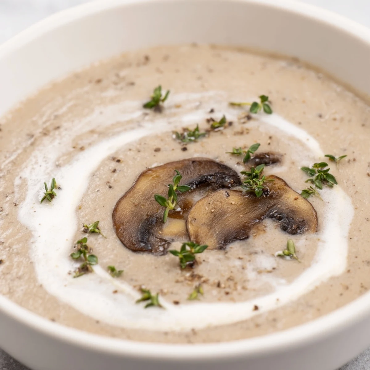 Hearty Creamy Mushroom Soup with thyme, served with crusty bread for dipping.