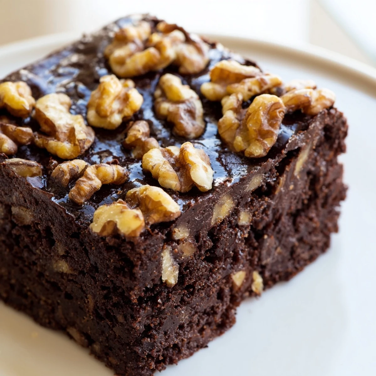 Fudgy Chocolate Fudge Brownies with Chopped Walnuts on a white plate, topped with toasted nuts.