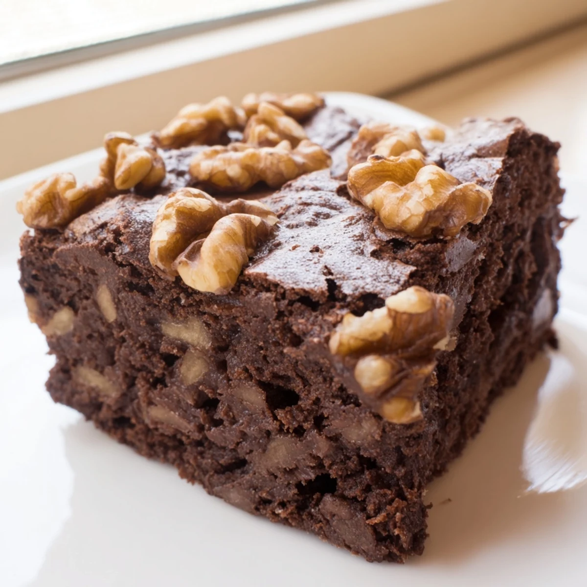 Decadent Chocolate Fudge Brownies with Chopped Walnuts served warm with a scoop of vanilla ice cream.