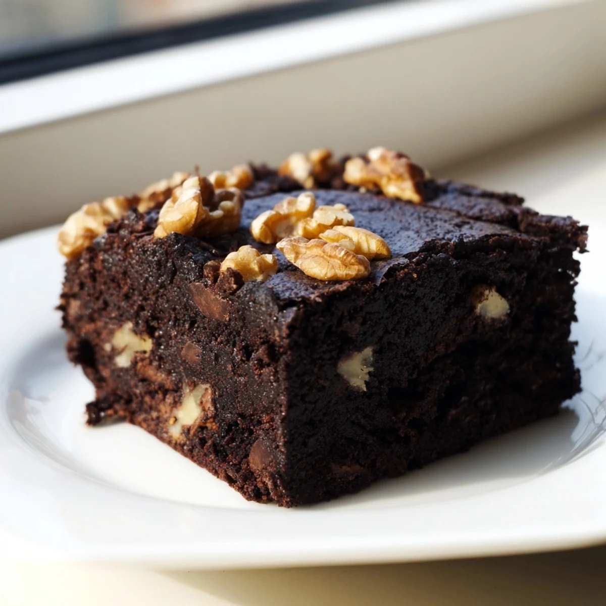 Close-up of rich Chocolate Fudge Brownies with Chopped Walnuts revealing a gooey, fudgy texture and crunchy topping.
