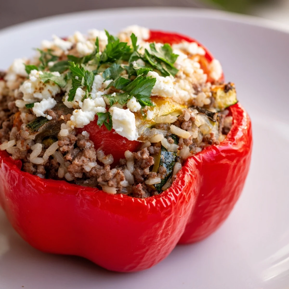 Fork-ready Mediterranean Stuffed Bell Peppers with Ground Beef, filled with savory beef, zucchini, and spices on a rustic platter.