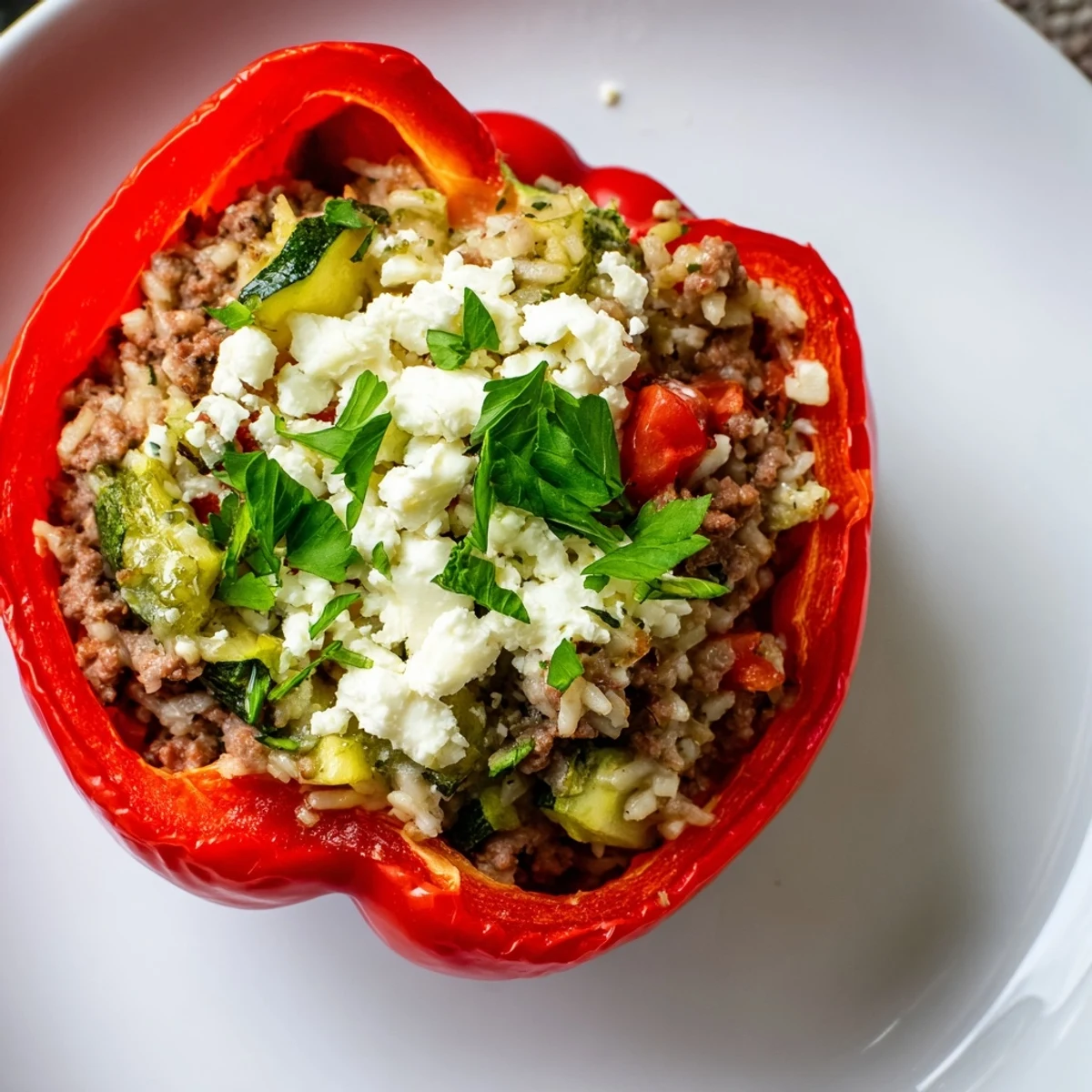 Golden-baked Mediterranean Stuffed Bell Peppers with Ground Beef, brimming with rice and topped with crumbled feta.