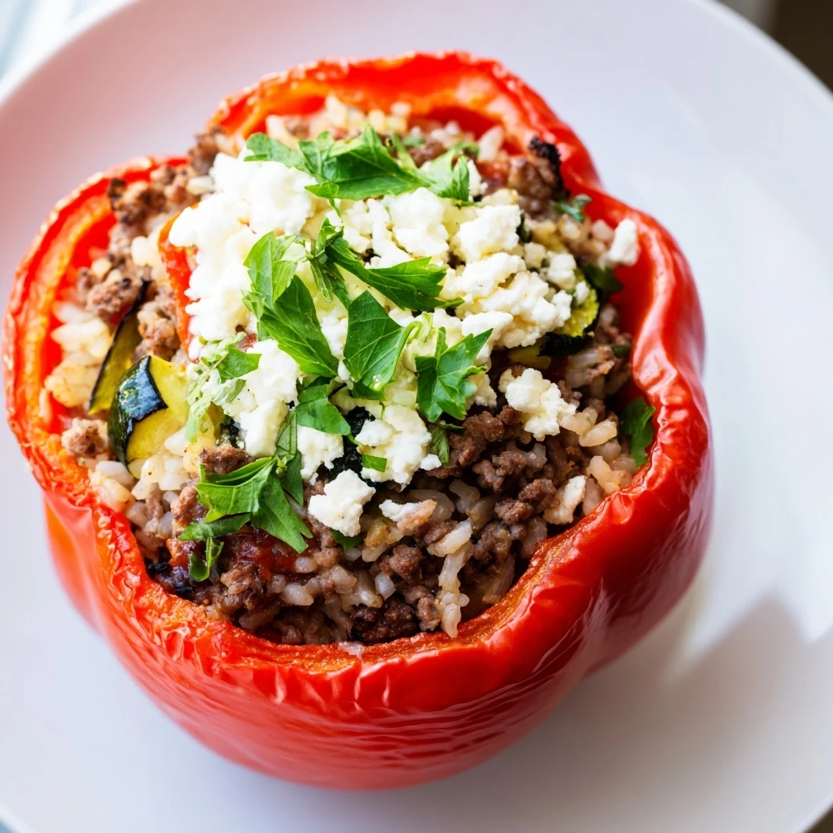 Close-up of Mediterranean Stuffed Bell Peppers with Ground Beef, revealing juicy fillings and melted feta garnished with fresh parsley.