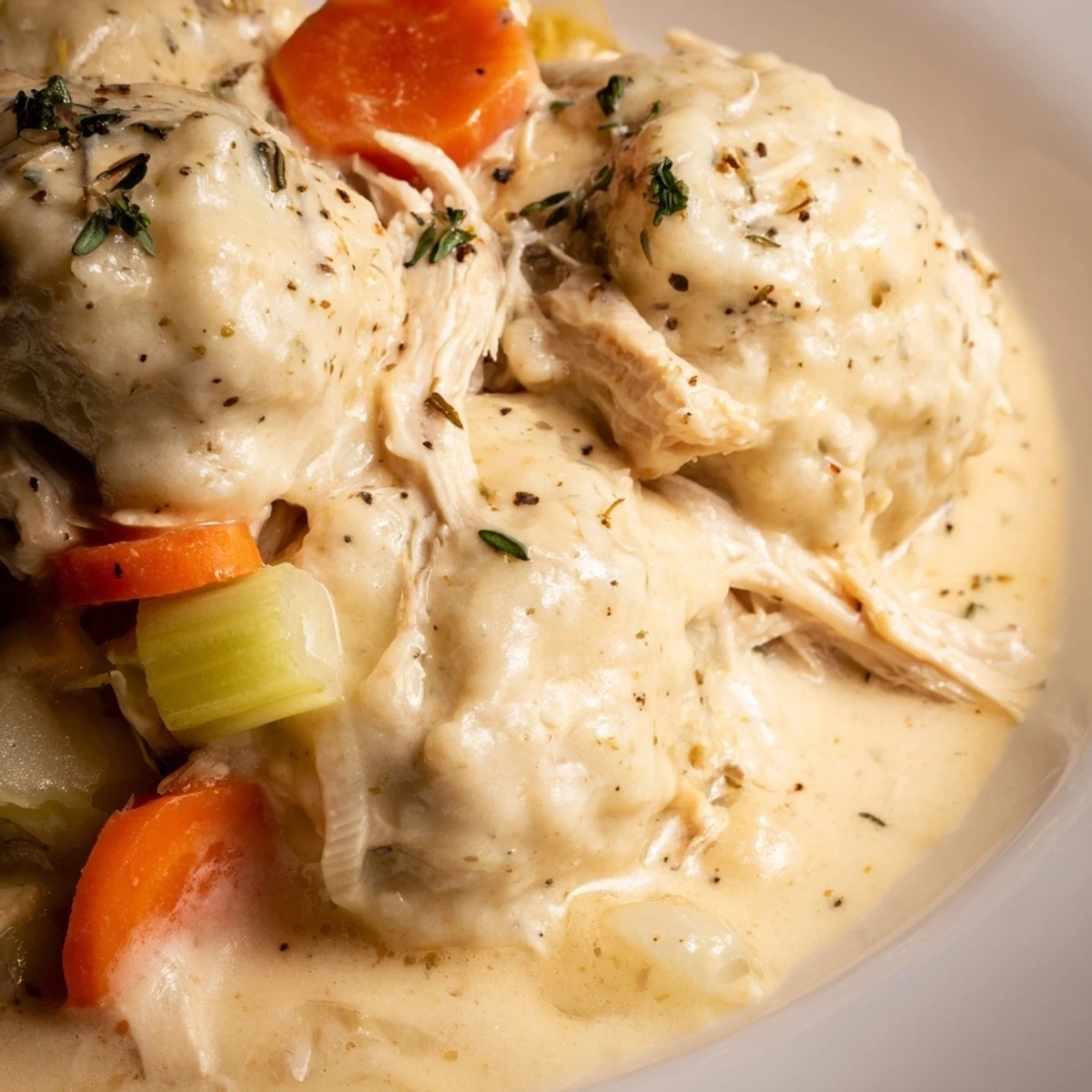 A spoon reveals tender shredded chicken and fluffy dumplings in creamy Slow Cooker Chicken and Dumplings with Carrots.