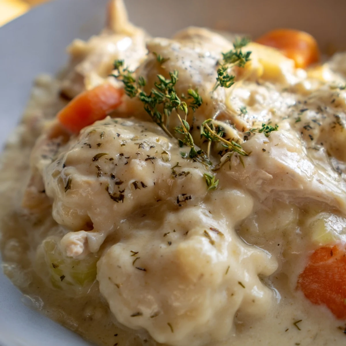 Steaming Slow Cooker Chicken and Dumplings with Carrots served in a rustic bowl, perfect for a cozy family dinner.