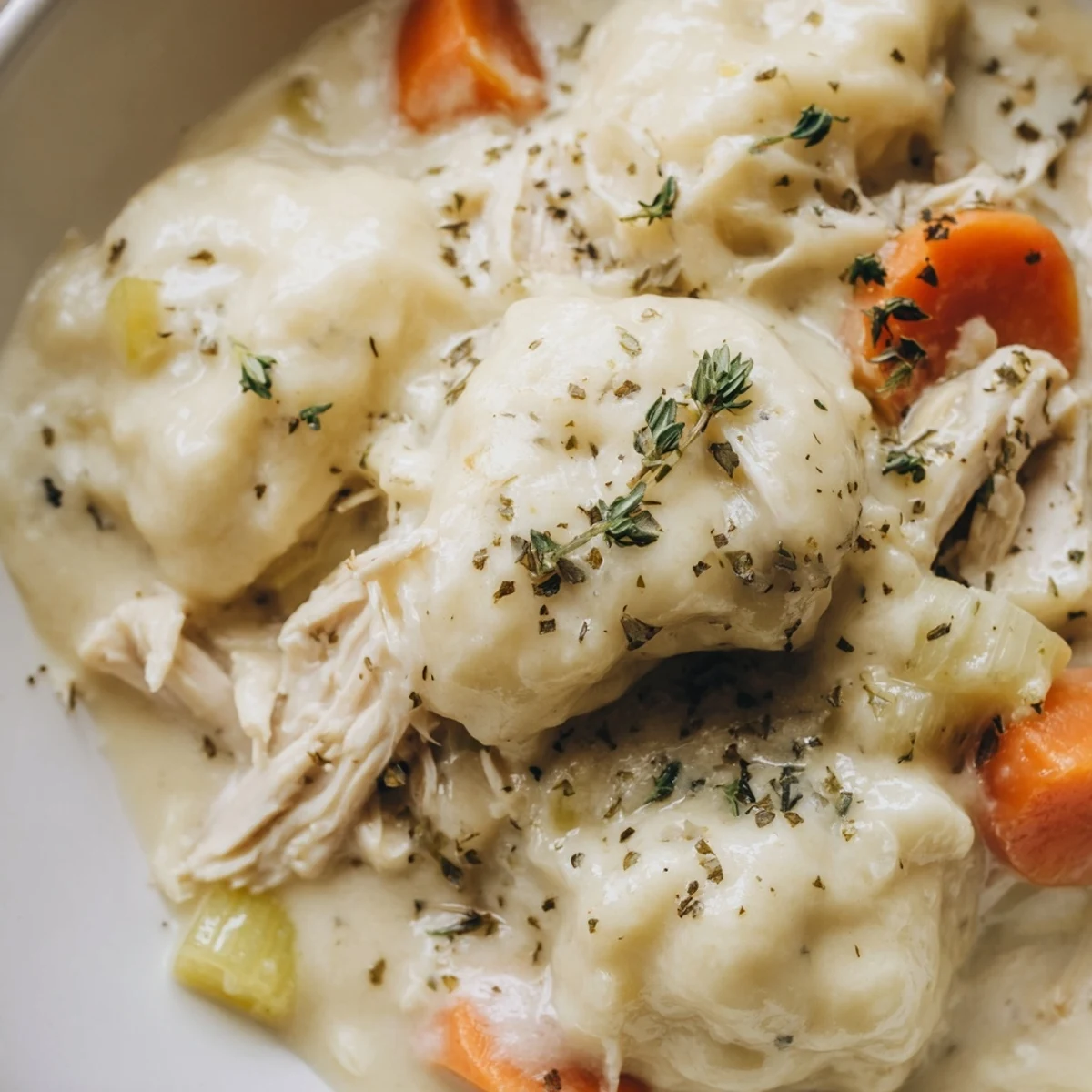 Homemade Slow Cooker Chicken and Dumplings with Carrots topped with parsley, carrots, and thick, creamy sauce.