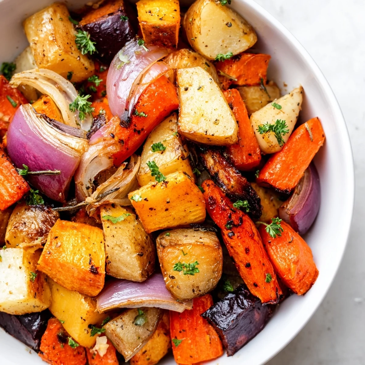 Close-up of colorful roasted root vegetable medley with dried herbs showing crispy edges and tender insides.