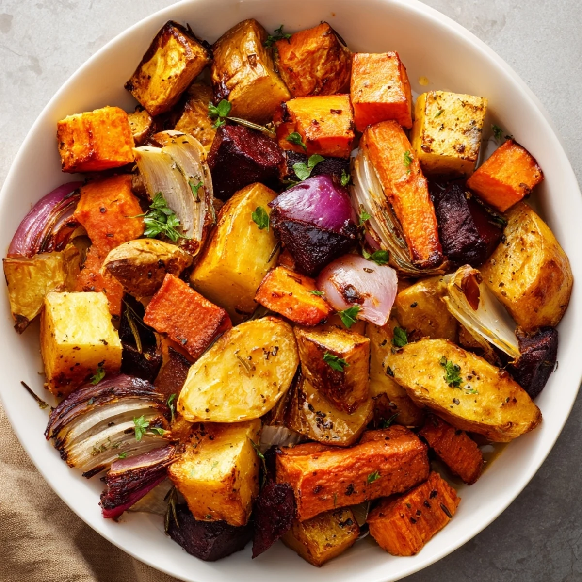 Appetizing roasted root vegetable medley with dried herbs beside a glass of white wine for dinner.