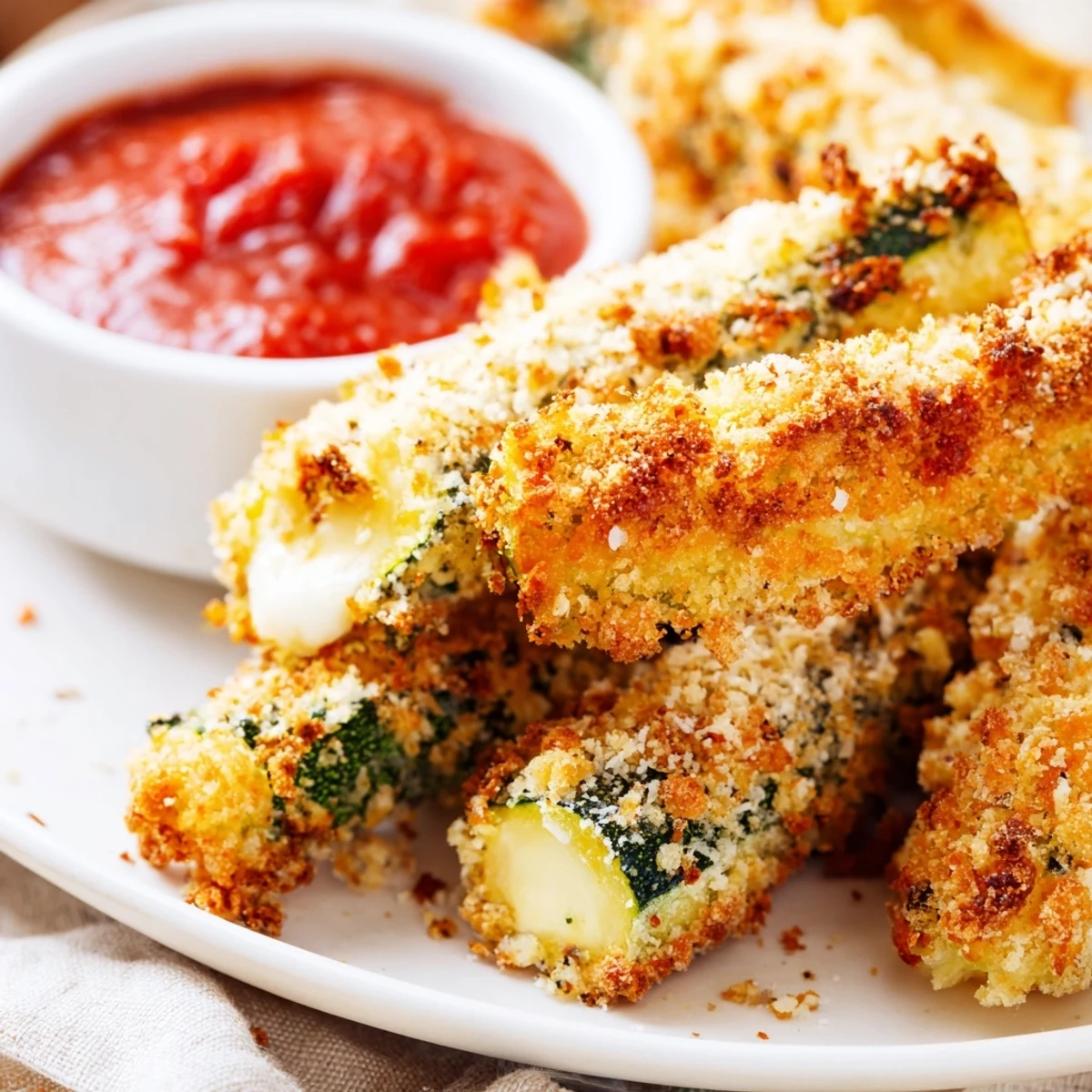 Golden-brown Baked Parmesan Zucchini Fries arranged on a parchment-lined baking sheet, ready to serve with marinara.