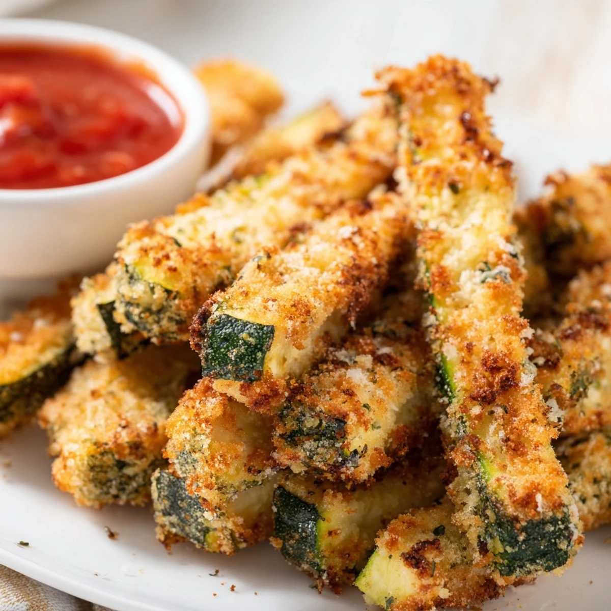 Crispy Baked Parmesan Zucchini Fries dipped in ranch dressing, showcasing their savory breadcrumb coating and tender interior.