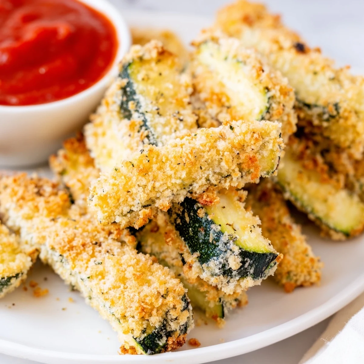 Freshly baked Baked Parmesan Zucchini Fries stacked on a platter, garnished with herbs and perfect for snacking.
