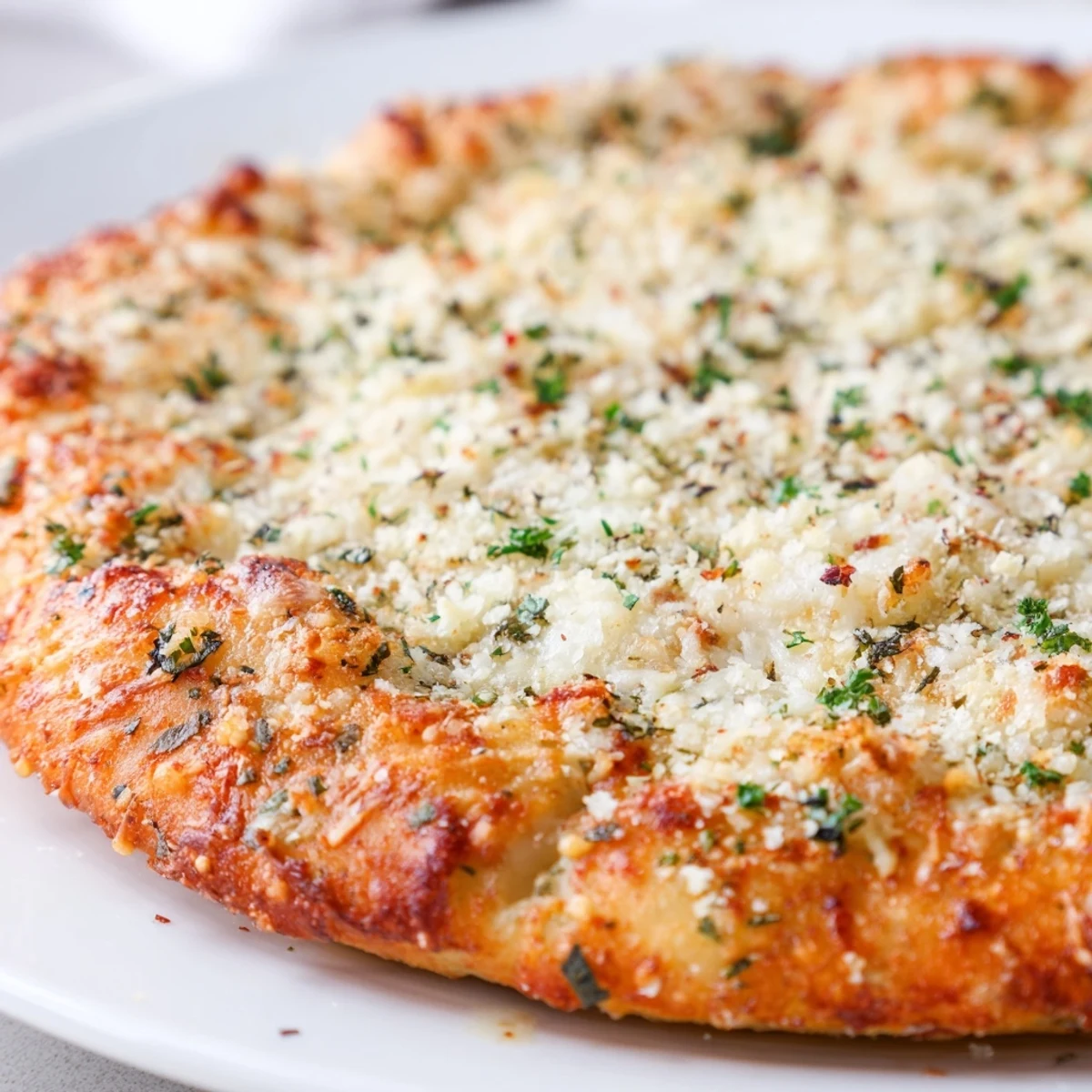 A close-up of crispy Cheesy Garlic Pizza Bread showcasing melted cheddar, garlic butter, and red pepper flakes.