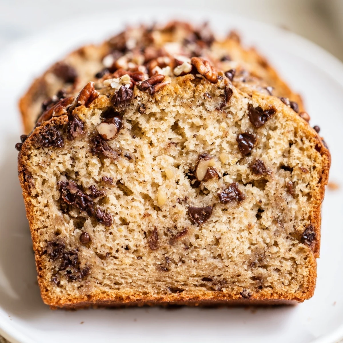 A warm slice of Chocolate Chip Banana Bread with Pecans topped with melting chocolate chips on a white plate.
