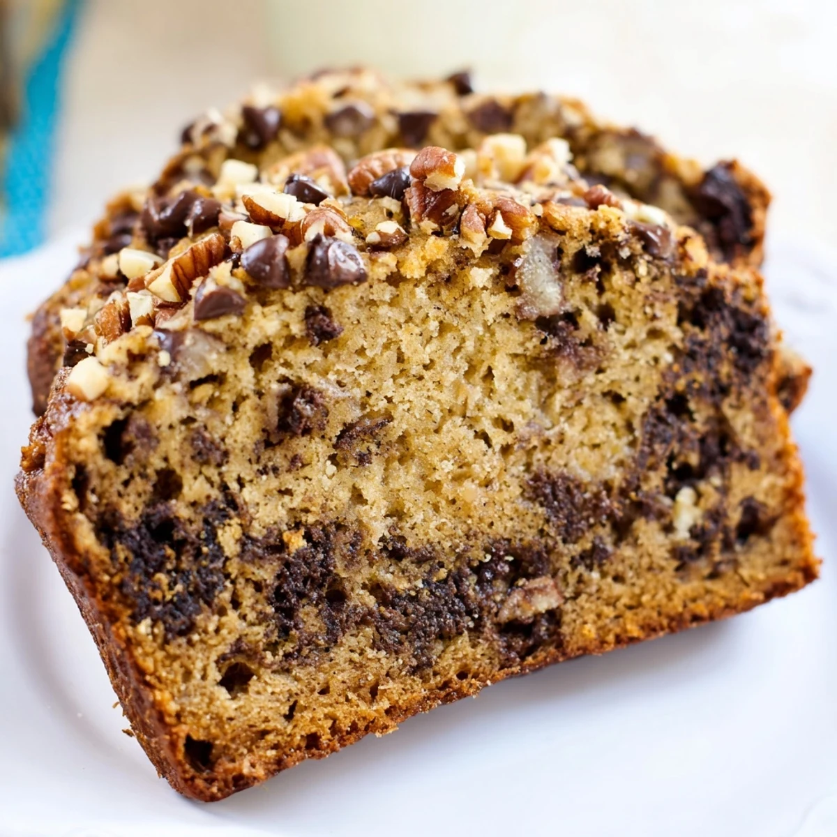 Freshly baked Chocolate Chip Banana Bread with Pecans sliced to reveal a moist crumb and melted chocolate.
