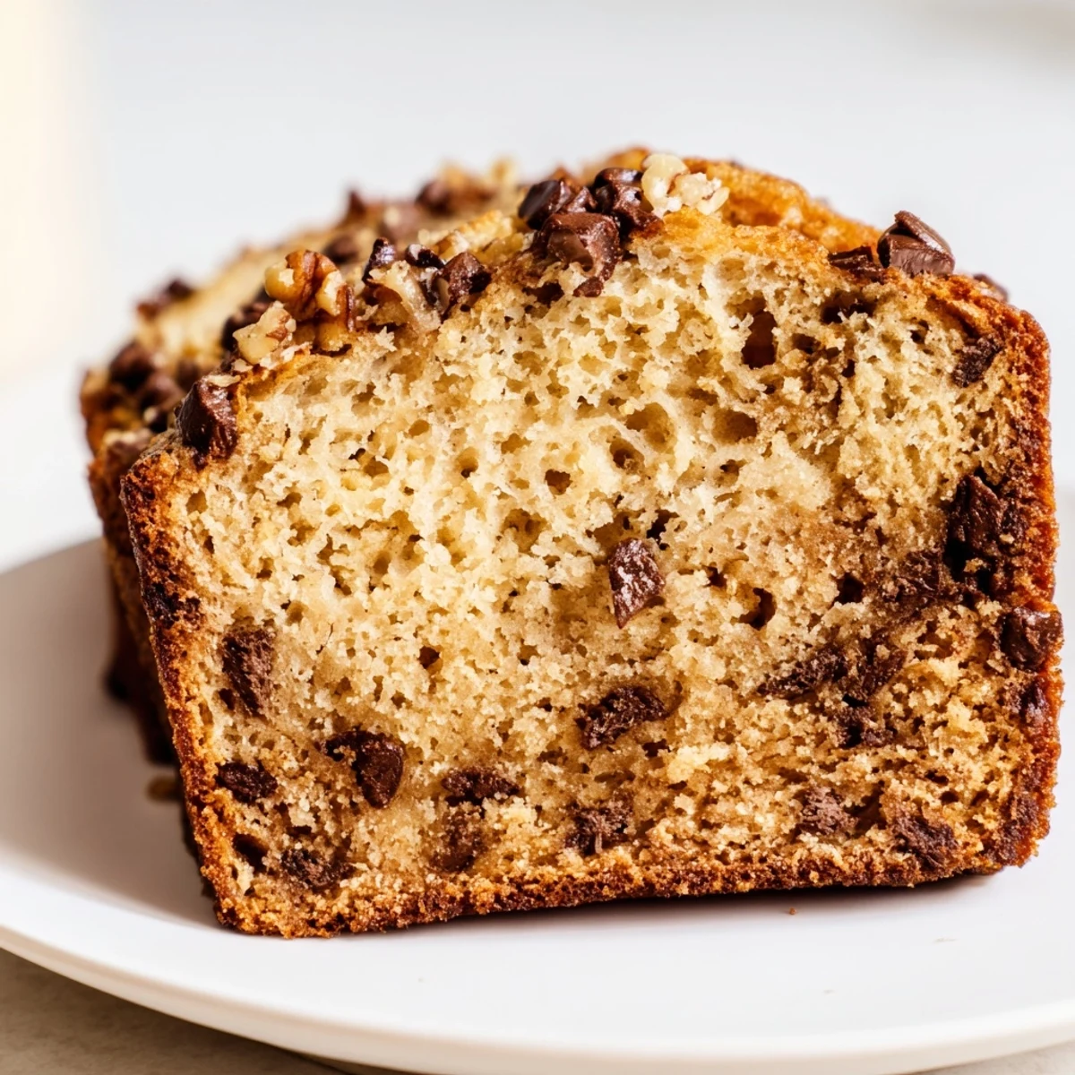 Golden brown Chocolate Chip Banana Bread with Pecans served on a wooden cutting board with ripe bananas nearby.