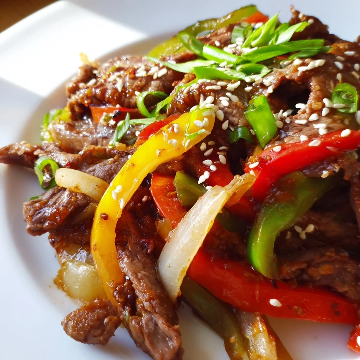 Tender beef strips and vibrant bell peppers glisten in a spicy garlic sauce in this Spicy Beef and Bell Pepper Stir Fry, ready to serve over steamed rice.