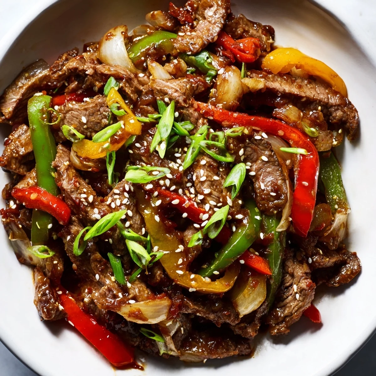 A close-up of seared beef and crisp red, yellow, and green peppers coated in a glossy spicy sauce highlights this quick Spicy Beef and Bell Pepper Stir Fry.