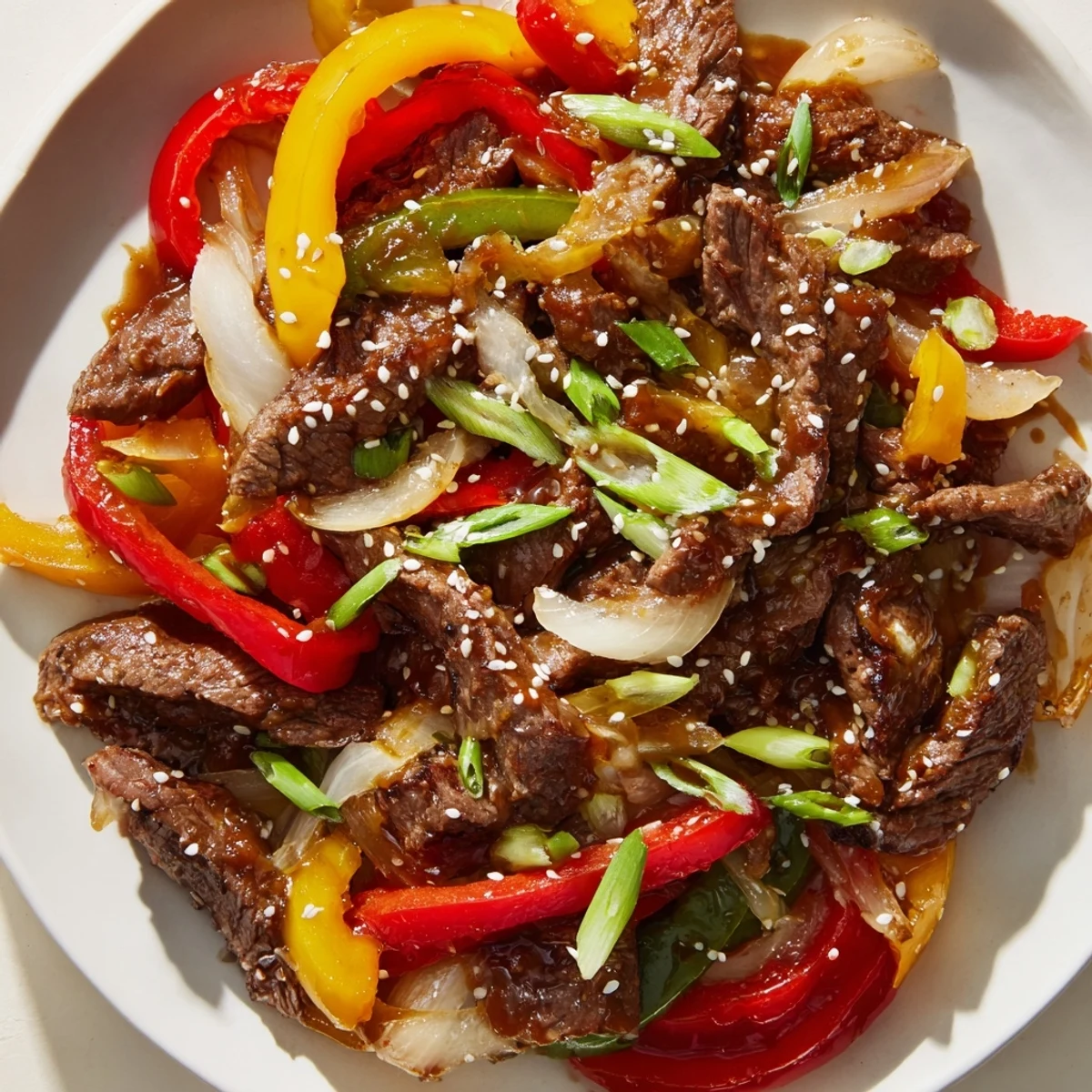 Enjoy a weeknight-friendly Spicy Beef and Bell Pepper Stir Fry featuring juicy beef, crunchy peppers, and a bold chili garlic sauce, garnished with scallions and sesame seeds.