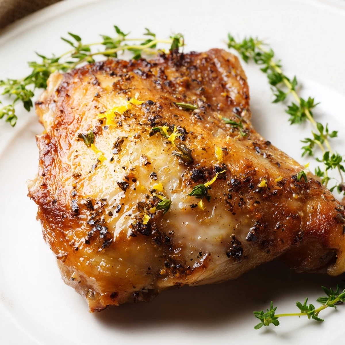 Golden-brown Roasted Chicken Thighs with Lemon and Thyme arranged on a rustic platter with fresh lemon wedges.