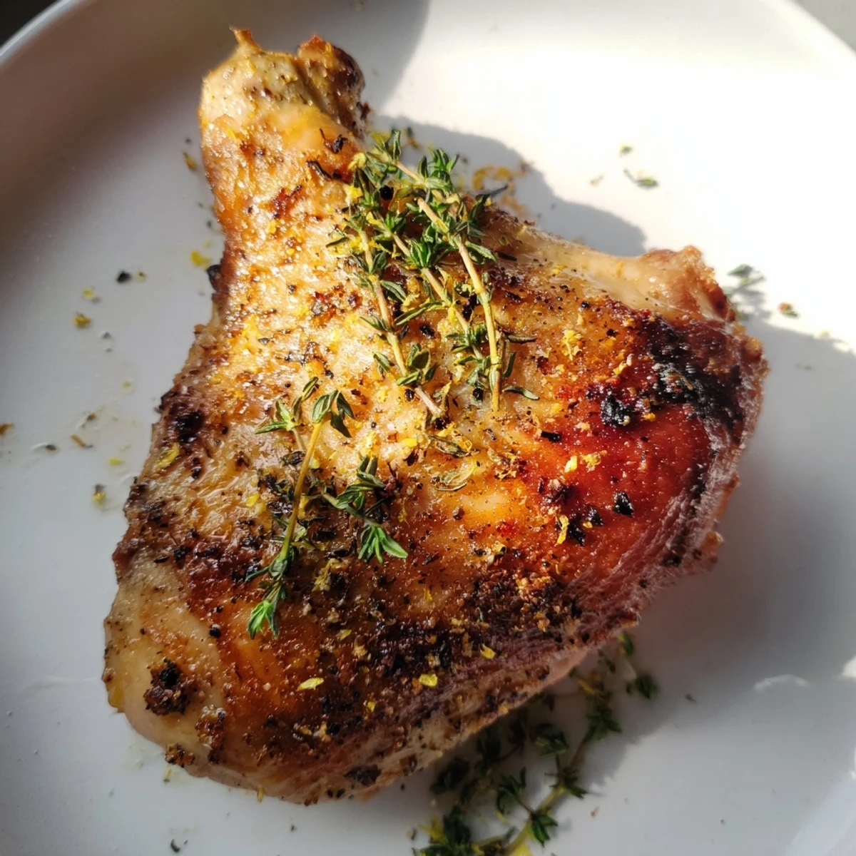 A close-up of crispy skin on Roasted Chicken Thighs with Lemon and Thyme garnished with fresh thyme sprigs.