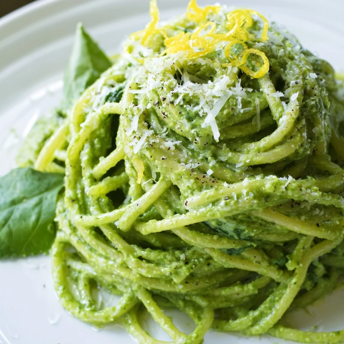 Creamy Avocado and Spinach Spaghetti is served on a white plate, garnished with lemon zest, black pepper, and extra Parmesan cheese.