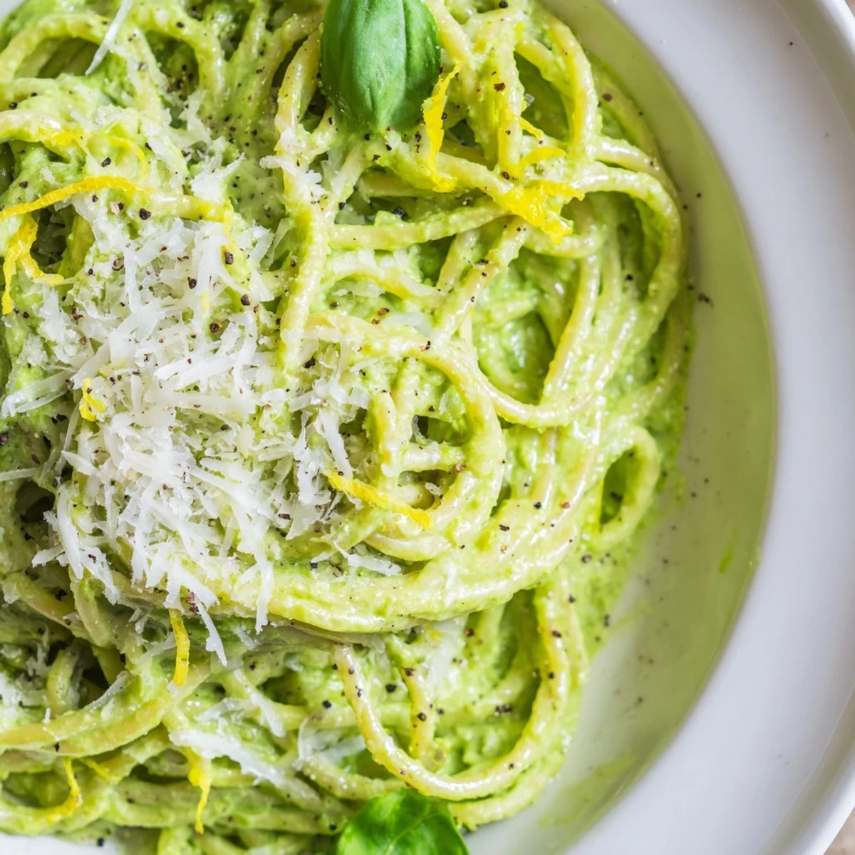 A close-up of Creamy Avocado and Spinach Spaghetti shows silky green sauce coating the noodles, with fresh basil and garlic cloves nearby.