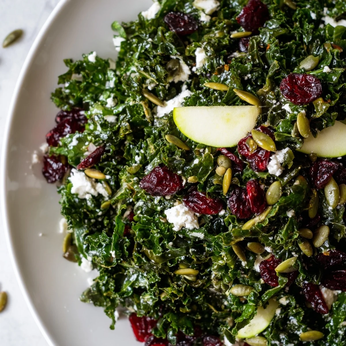 This vibrant Winter Kale Salad features sweet dried cranberries and crunchy mixed seeds for texture. Topped with crumbled feta and apple slices, it makes a perfect vegetarian side dish.