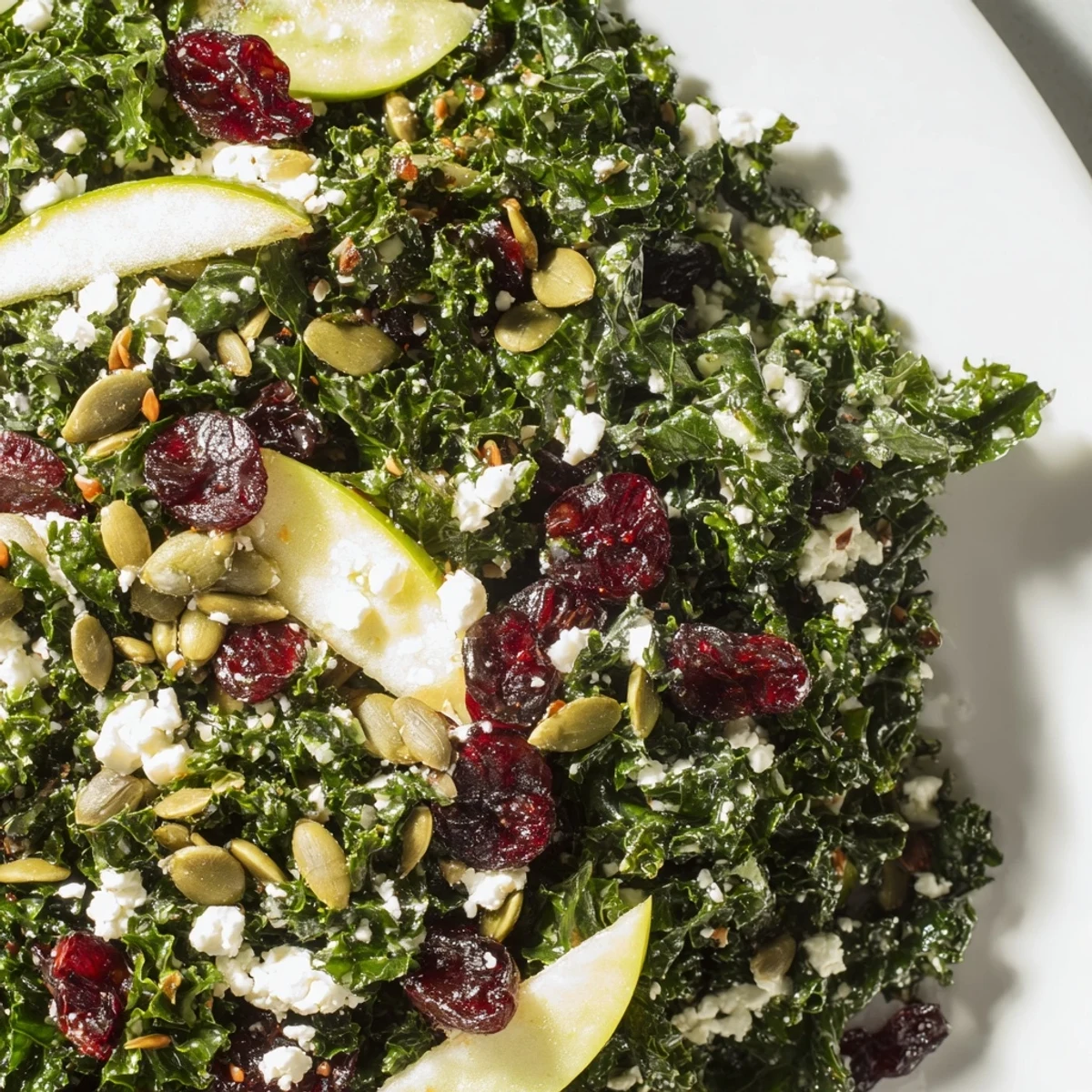 A close-up view shows fresh Winter Kale Salad with cranberries, pumpkin seeds, and red onion slices. Dressed in a zesty lemon-orange vinaigrette, it looks crisp and ready to eat.